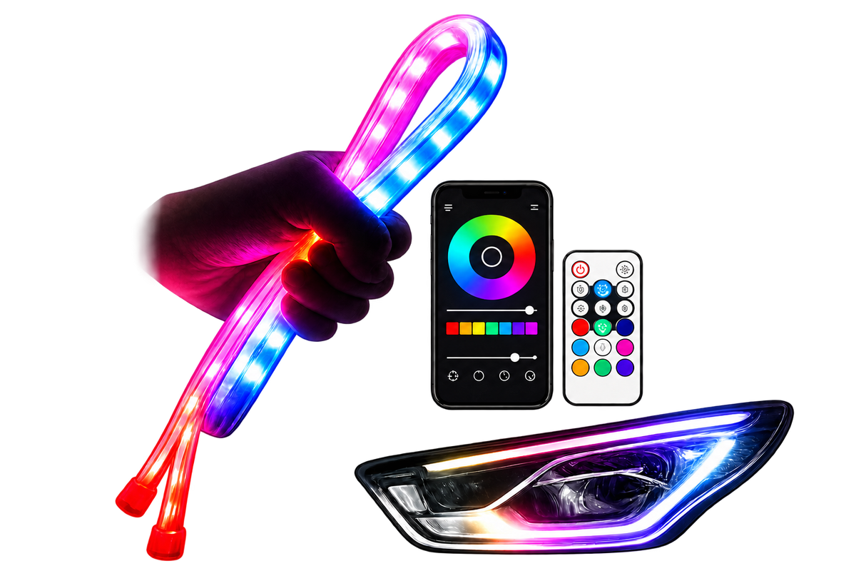 A set of RGB LED headlight retrofit strips shown with a hand holding a glowing strip, a smartphone app control screen, a remote control, and a car headlight demonstrating the installed effect, all on a black background.