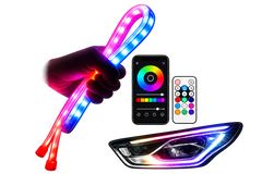 A set of RGB LED headlight retrofit strips shown with a hand holding a glowing strip, a smartphone app control screen, a remote control, and a car headlight demonstrating the installed effect, all on a black background.
