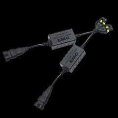 Two black EMC bus splices with CAN bus HID decoder components, featuring various connector types, shown on a plain white background.