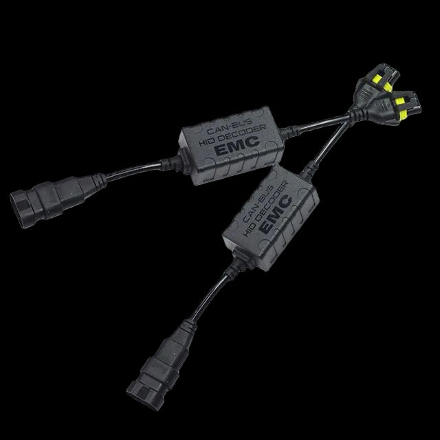 Two black EMC bus splices with CAN bus HID decoder components, featuring various connector types, shown on a plain white background.
