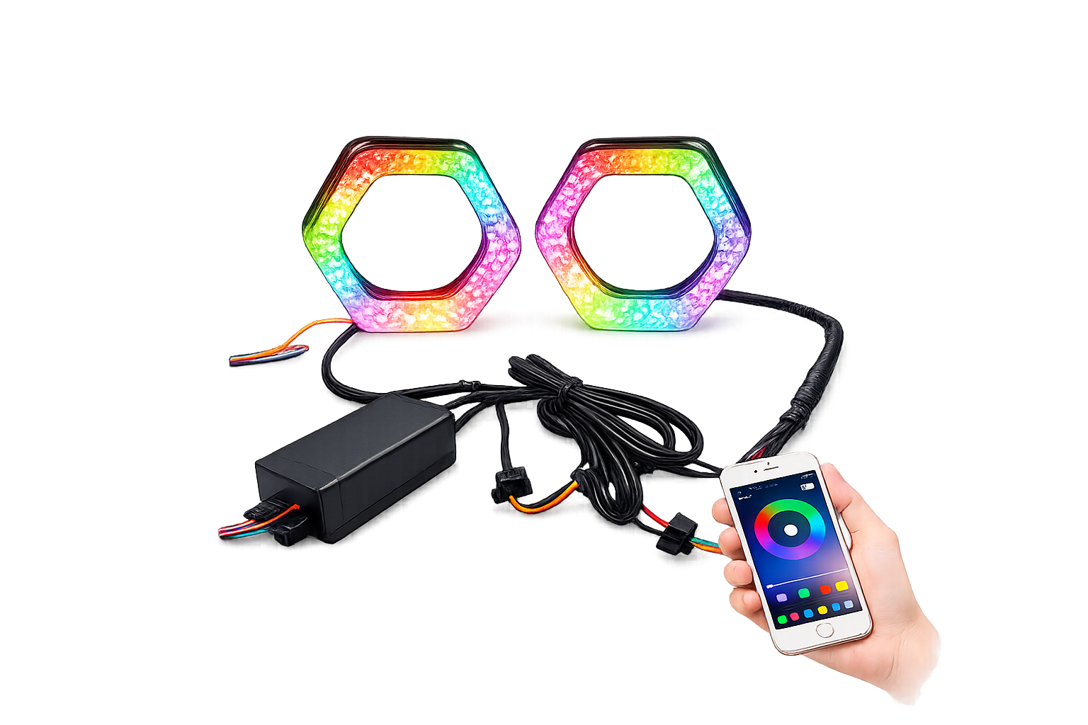 Riglow™ Powered by AES M10 5D RGB Crystal Hex Angel Eye Halo Rings – Bluetooth App Controlled with Welcome Function & Switchback