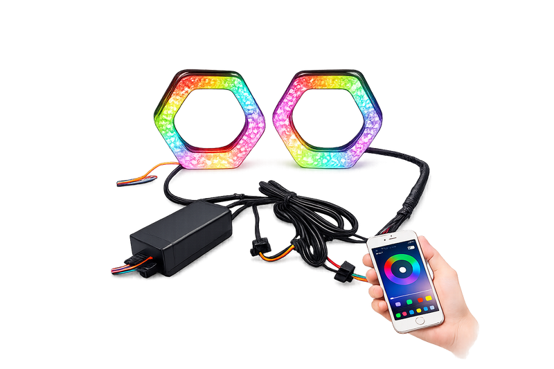 Riglow™ Powered by AES M10 5D RGB Crystal Hex Angel Eye Halo Rings – Bluetooth App Controlled with Welcome Function & Switchback-1