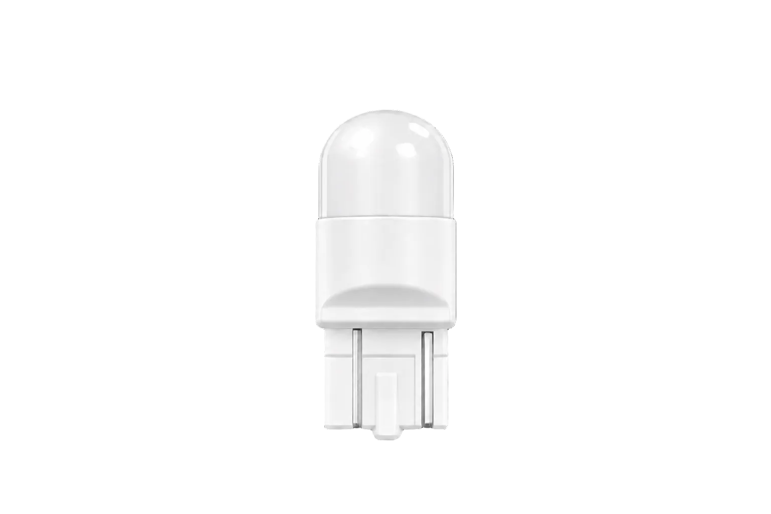 A white LED light bulb with a dome-shaped lens and a two-pin base, centered against a solid black background.