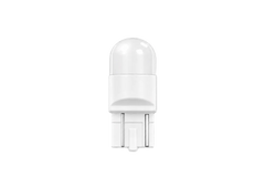 A white LED light bulb with a dome-shaped lens and a two-pin base, centered against a solid black background.