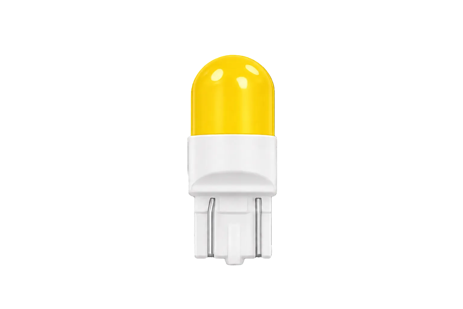 A single yellow LED light bulb with a white base, centered on a solid black background.