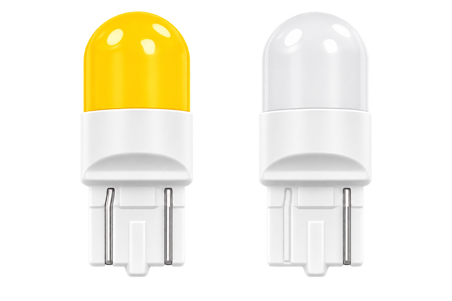 Two small LED light bulbs shown side by side on a plain white background. The left bulb has a translucent yellow top, and the right bulb has a clear/translucent white top; both have white bodies and metal contact pins at the bottom.