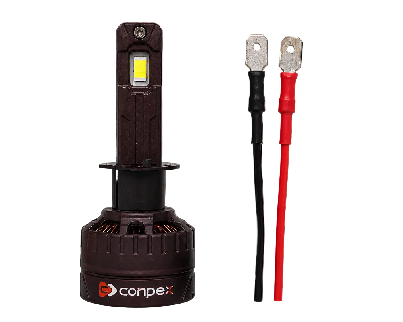 A Conplex automotive LED headlight bulb shown upright on a black background, alongside two terminal wires in black and red with silver metal ends.