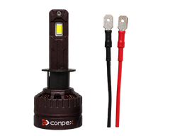 A Conplex automotive LED headlight bulb shown upright on a black background, alongside two terminal wires in black and red with silver metal ends.
