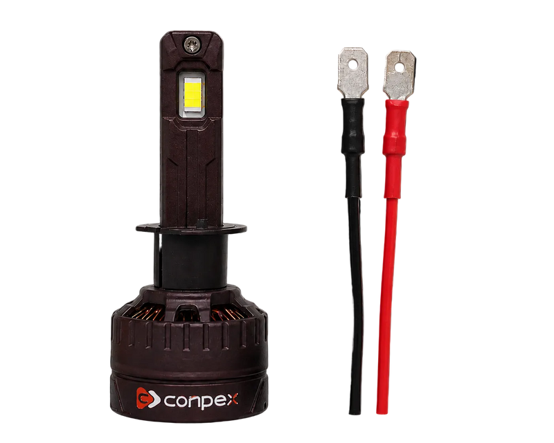 A Conplex automotive LED headlight bulb shown upright on a black background, alongside two terminal wires in black and red with silver metal ends.