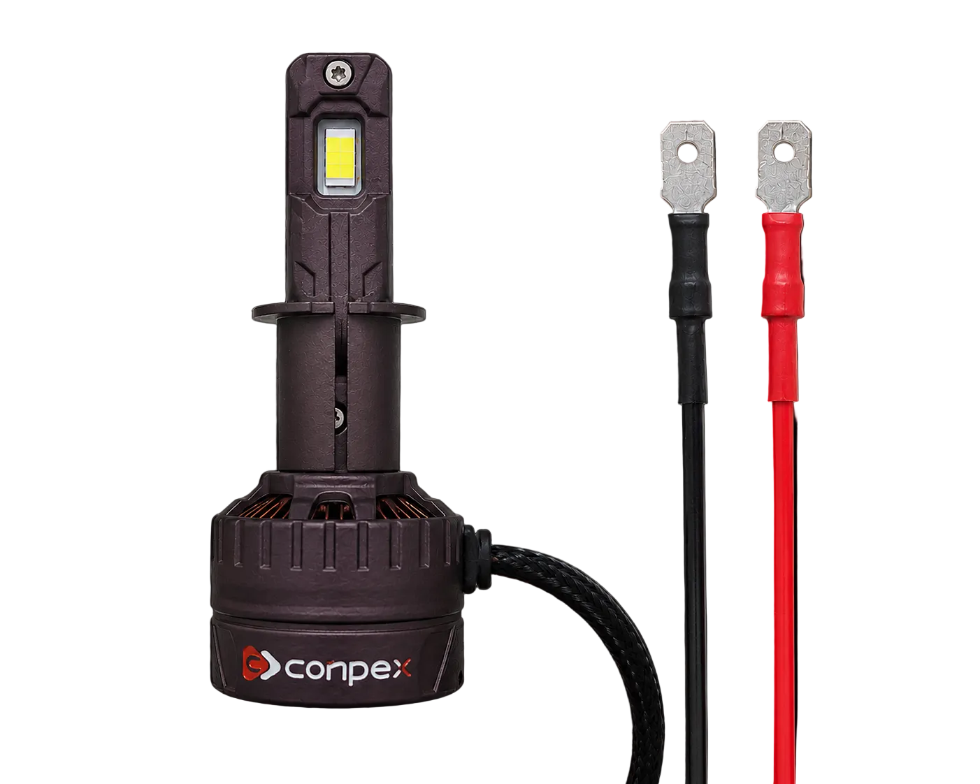 A Conpex automotive LED headlight bulb with a dark metallic body, shown alongside its attached black and red cable leads on a solid black background.