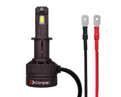 A Conpex automotive LED headlight bulb with a dark metallic body, shown alongside its attached black and red cable leads on a solid black background.