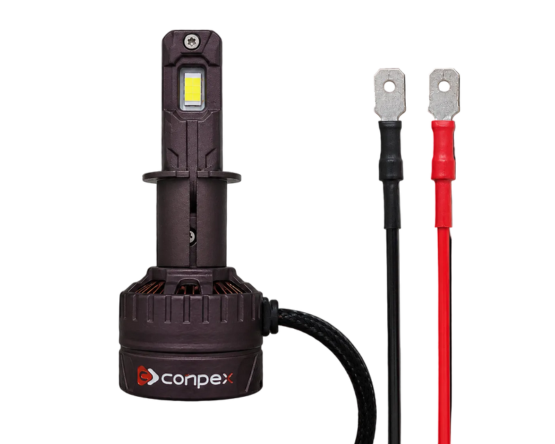 A Conpex automotive LED headlight bulb with a dark metallic body, shown alongside its attached black and red cable leads on a solid black background.