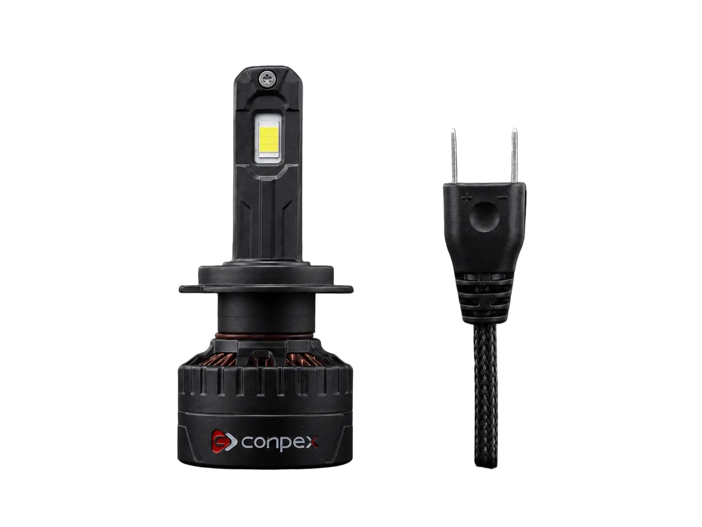 A black ConpeX LED car light bulb shown next to its two-pin power plug on a solid black background.