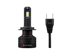 A black ConpeX LED car light bulb shown next to its two-pin power plug on a solid black background.