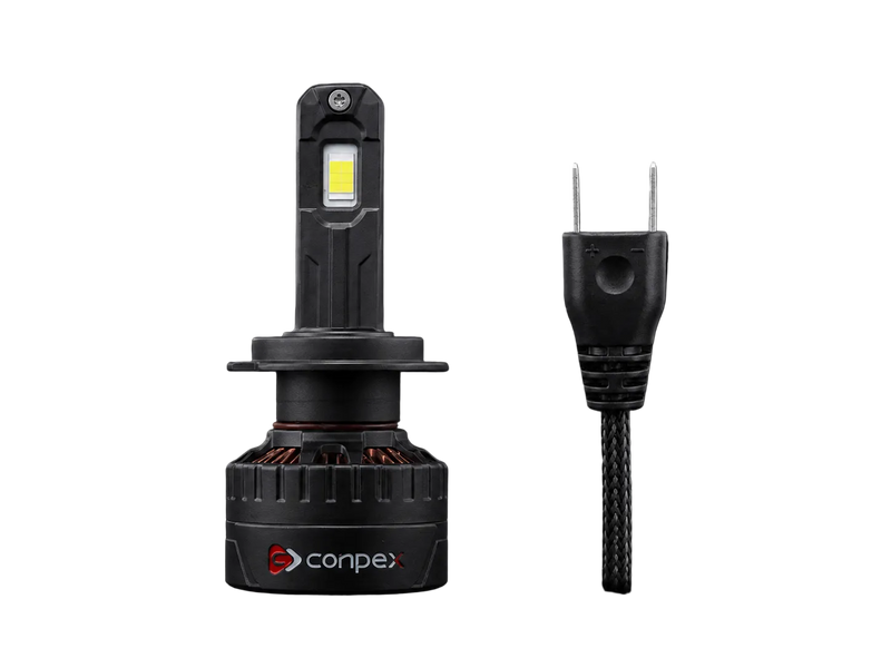A black ConpeX LED car light bulb shown next to its two-pin power plug on a solid black background.