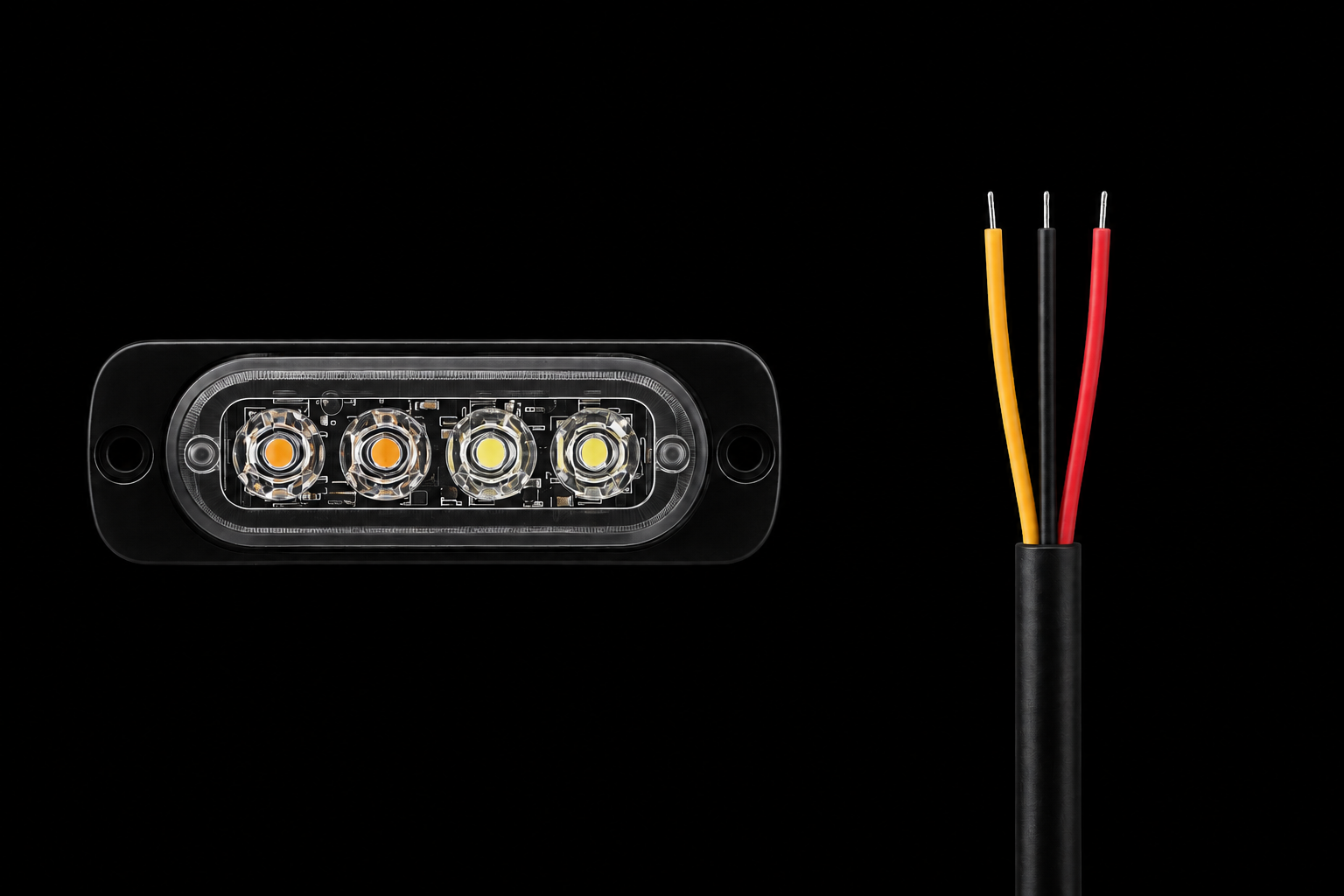 A black rectangular LED light module with four illuminated LEDs on the front, shown next to a black cable with three exposed wires in yellow, white, and red against a solid black background.