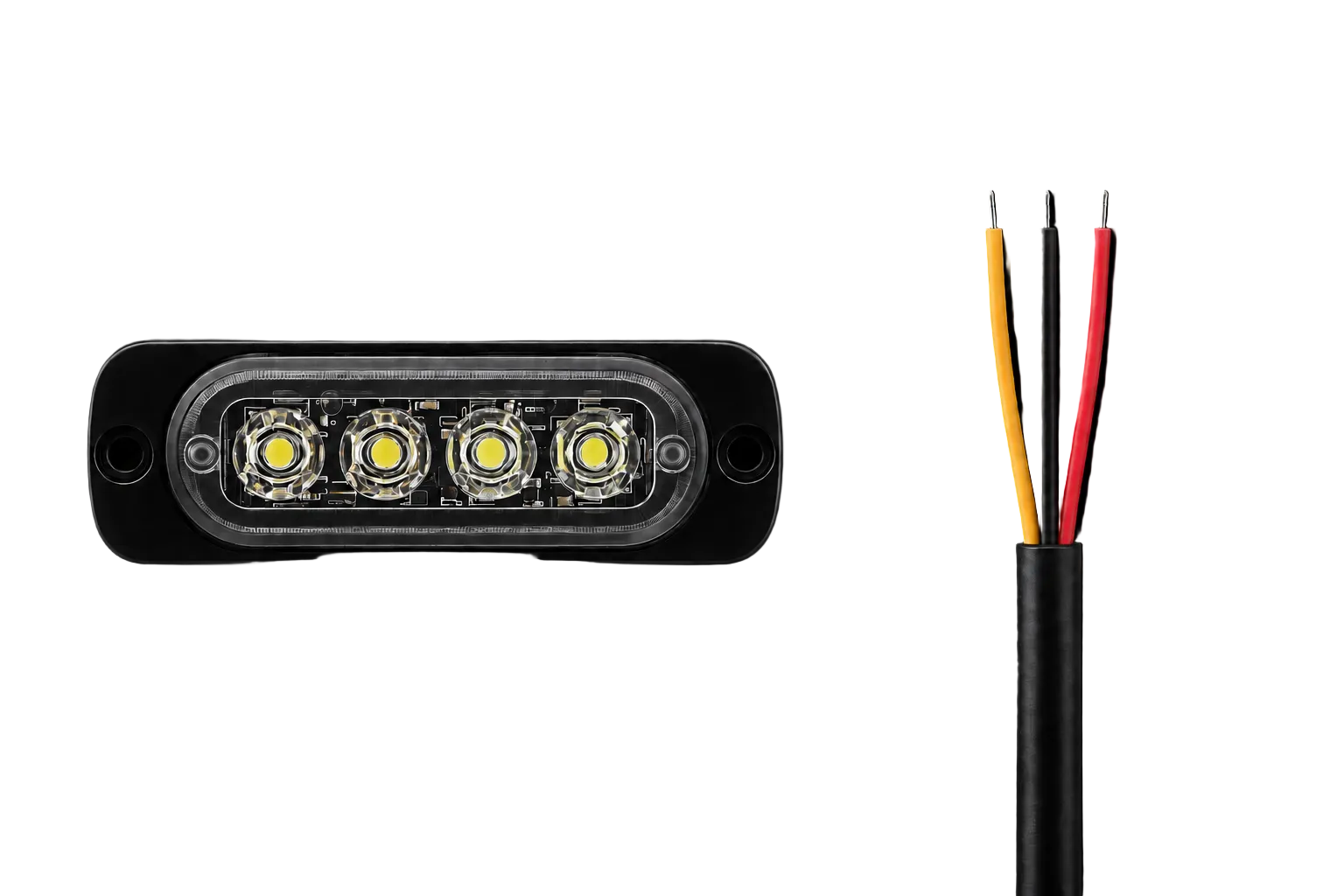 A four-LED rectangular marine light fixture shown from the front on a black background, alongside a close-up of the rear wiring with black cable and red, yellow, and black wires.
