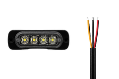 A four-LED rectangular marine light fixture shown from the front on a black background, alongside a close-up of the rear wiring with black cable and red, yellow, and black wires.
