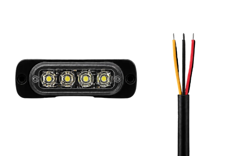 A four-LED rectangular marine light fixture shown from the front on a black background, alongside a close-up of the rear wiring with black cable and red, yellow, and black wires.