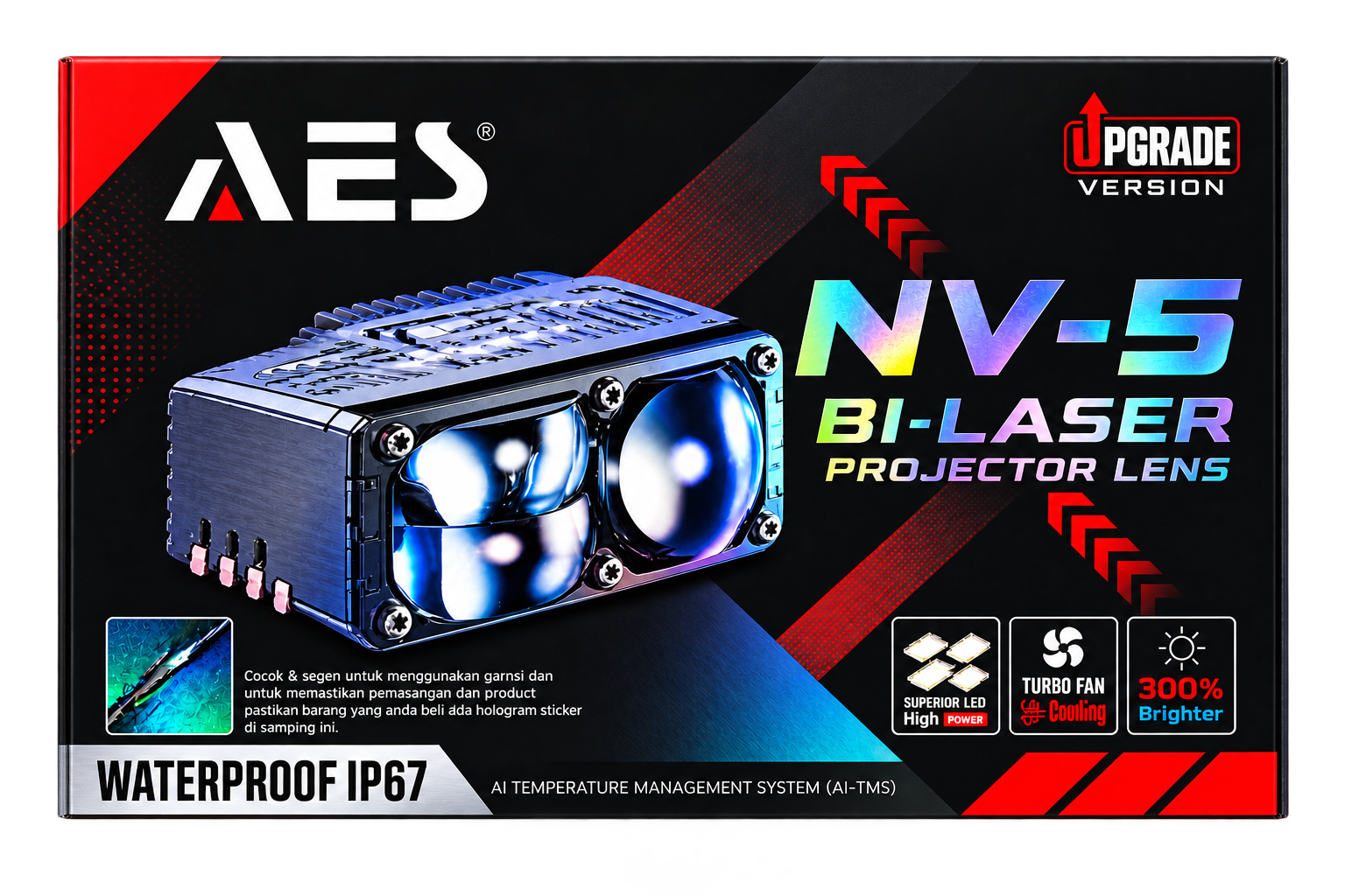 Product packaging box for the AES NV-5 Bi-Laser Projector Lens, featuring a black and red design with a 3D rendering of the blue-lit projector lens and various feature icons.