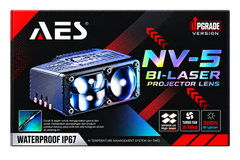 Product packaging box for the AES NV-5 Bi-Laser Projector Lens, featuring a black and red design with a 3D rendering of the blue-lit projector lens and various feature icons.