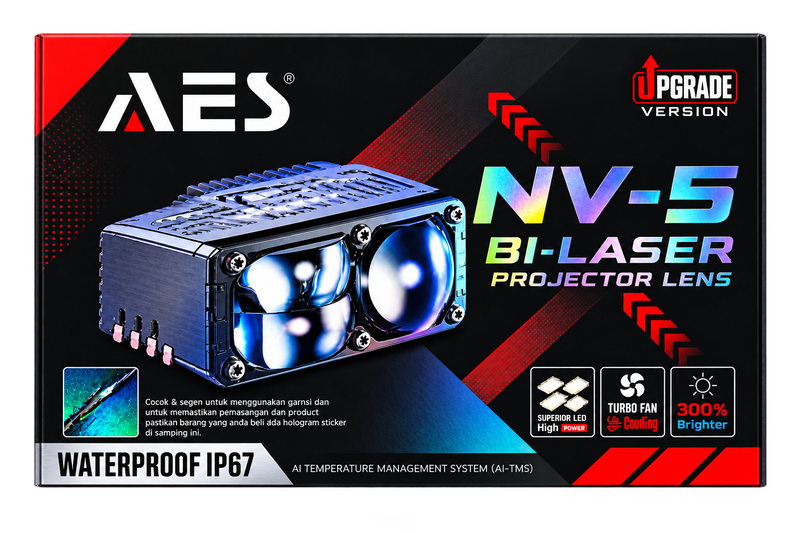 Product packaging box for the AES NV-5 Bi-Laser Projector Lens, featuring a black and red design with a 3D rendering of the blue-lit projector lens and various feature icons.