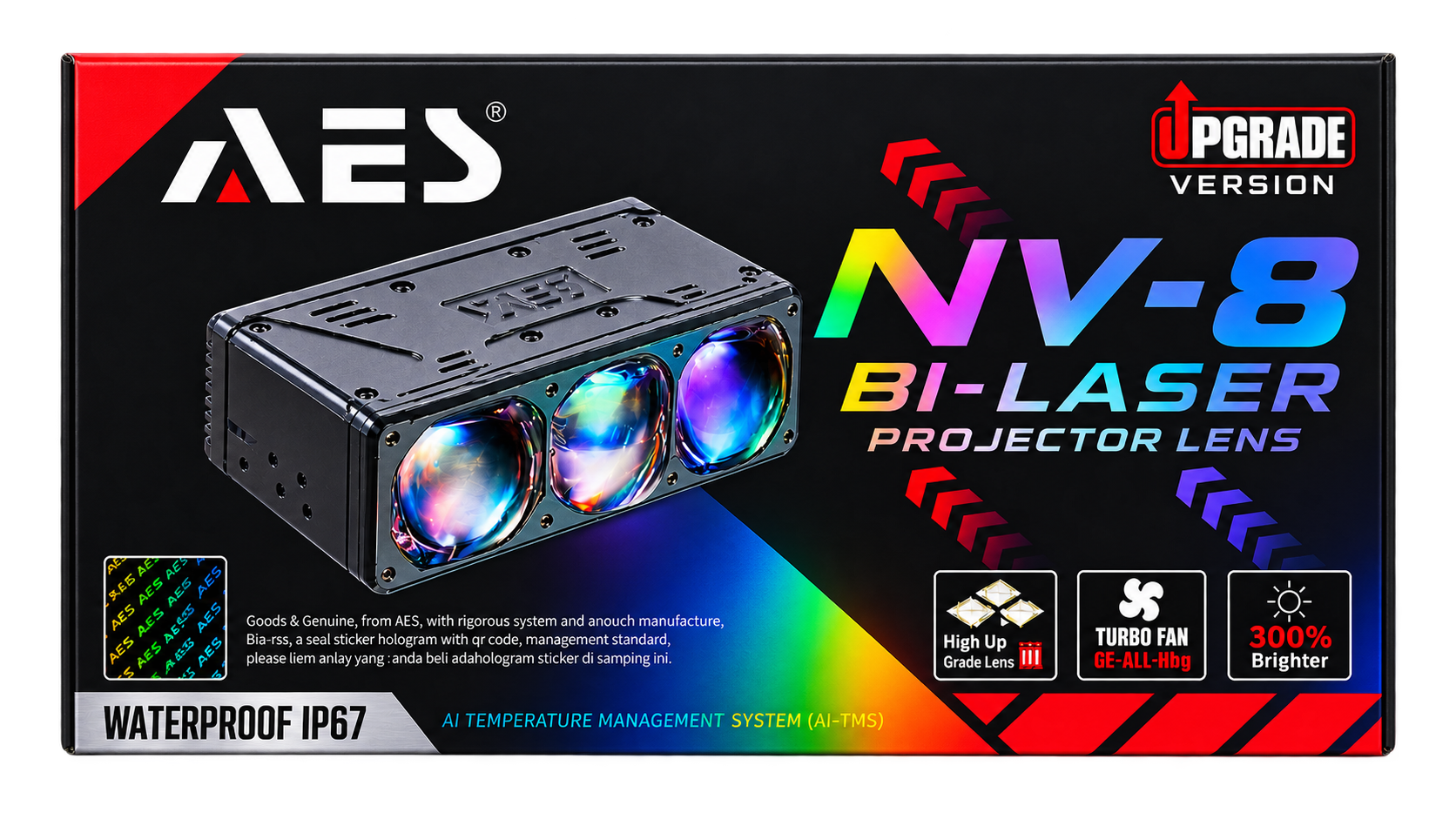 Product packaging box for the AES NV-8 Bi-Laser Projector Lens, featuring a black box with a photo of the projector lens, colorful gradient text, and feature icons on a white background.