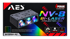 Product packaging box for the AES NV-8 Bi-Laser Projector Lens, featuring a black box with a photo of the projector lens, colorful gradient text, and feature icons on a white background.
