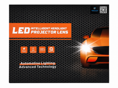 Product packaging box for an LED Intelligent Headlight Projector Lens by ASLOY, featuring a black honeycomb background, orange accents, and a graphic of an orange car with bright headlights on the right.