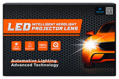 Front of a retail box for an LED Intelligent Headlight Projector Lens, featuring a dark honeycomb background, orange and white text, and an illustration of an orange car with bright headlights on the right side.