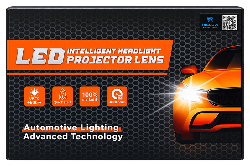 Front of a retail box for an LED Intelligent Headlight Projector Lens, featuring a dark honeycomb background, orange and white text, and an illustration of an orange car with bright headlights on the right side.