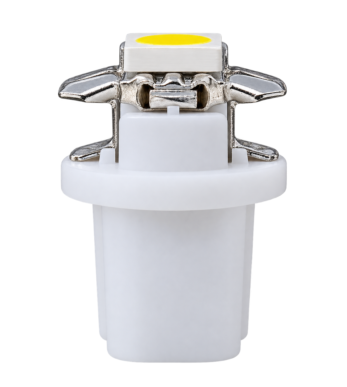 A white plastic automotive LED light socket with silver metal leads and a yellow circular lens on top, isolated on a white background.
