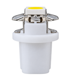 A white plastic automotive LED light socket with silver metal leads and a yellow circular lens on top, isolated on a white background.