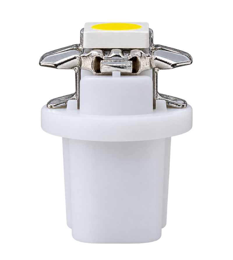 A white plastic automotive LED light socket with silver metal leads and a yellow circular lens on top, isolated on a white background.