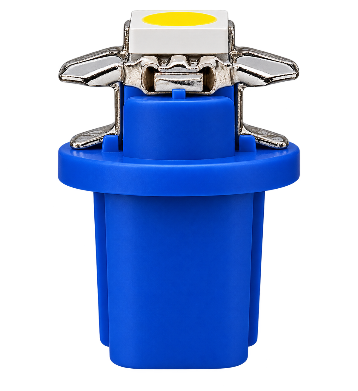 A blue plastic LED light fixture with silver metal terminal clips and a white rectangular base featuring a yellow circular LED chip, shown on a solid white background.