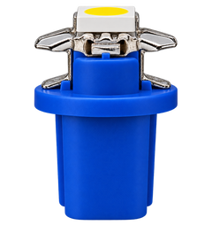 A blue plastic LED light fixture with silver metal terminal clips and a white rectangular base featuring a yellow circular LED chip, shown on a solid white background.