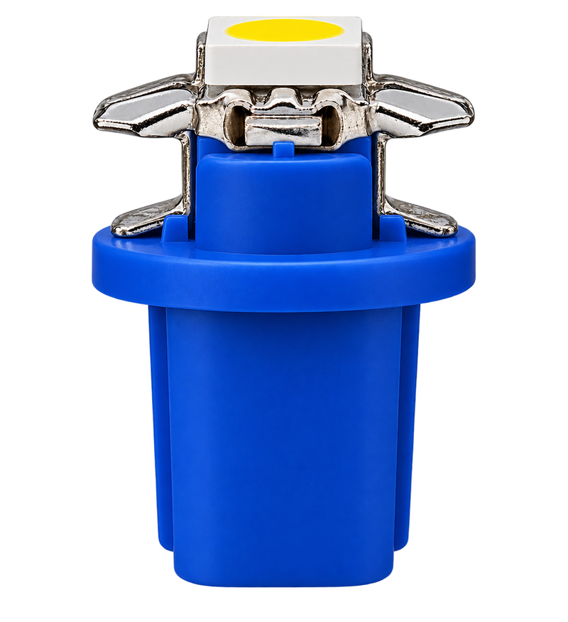 A blue plastic LED light fixture with silver metal terminal clips and a white rectangular base featuring a yellow circular LED chip, shown on a solid white background.