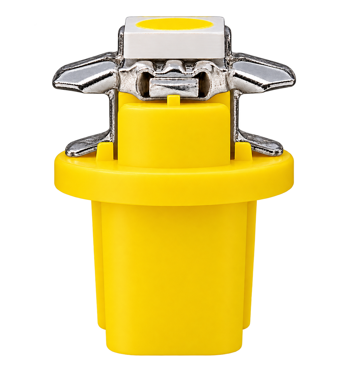 A close-up studio shot of a yellow plastic button or switch component with a silver metal lever and a small white top tab, isolated on a black background.