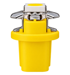 A close-up studio shot of a yellow plastic button or switch component with a silver metal lever and a small white top tab, isolated on a black background.