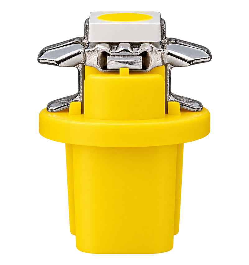 A close-up studio shot of a yellow plastic button or switch component with a silver metal lever and a small white top tab, isolated on a black background.