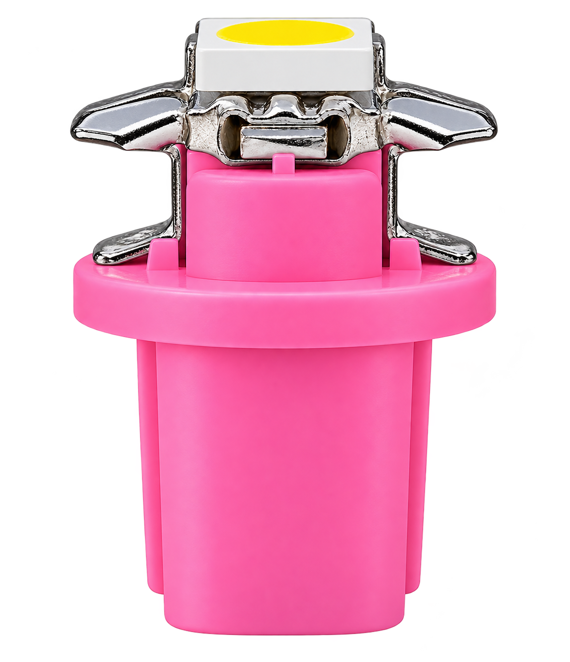 A bright pink automotive LED light module with a silver metal reflector and a white square containing a yellow circular element on top, isolated on a white background.