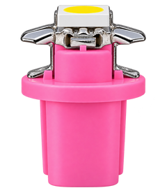 A bright pink automotive LED light module with a silver metal reflector and a white square containing a yellow circular element on top, isolated on a white background.