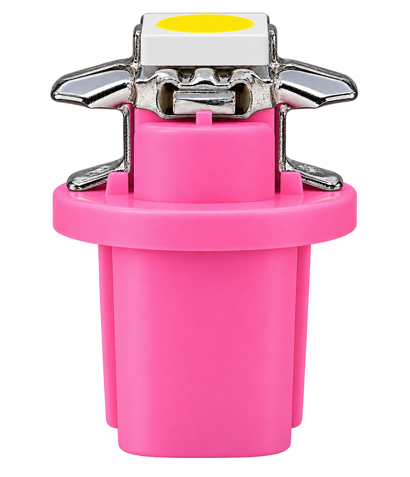 A bright pink automotive LED light module with a silver metal reflector and a white square containing a yellow circular element on top, isolated on a white background.