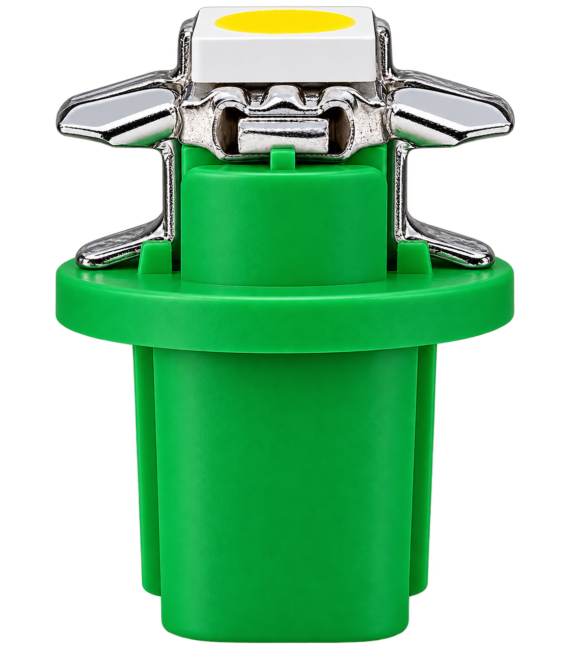 A green plastic light fixture or socket component with a silver metal base, a white top plate, and a yellow circular accent, isolated on a white background.