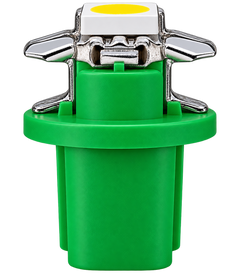 A green plastic light fixture or socket component with a silver metal base, a white top plate, and a yellow circular accent, isolated on a white background.