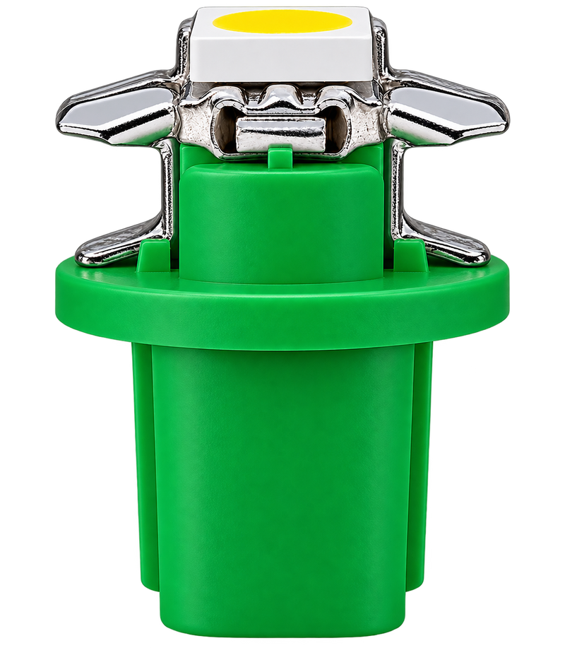 A green plastic light fixture or socket component with a silver metal base, a white top plate, and a yellow circular accent, isolated on a white background.