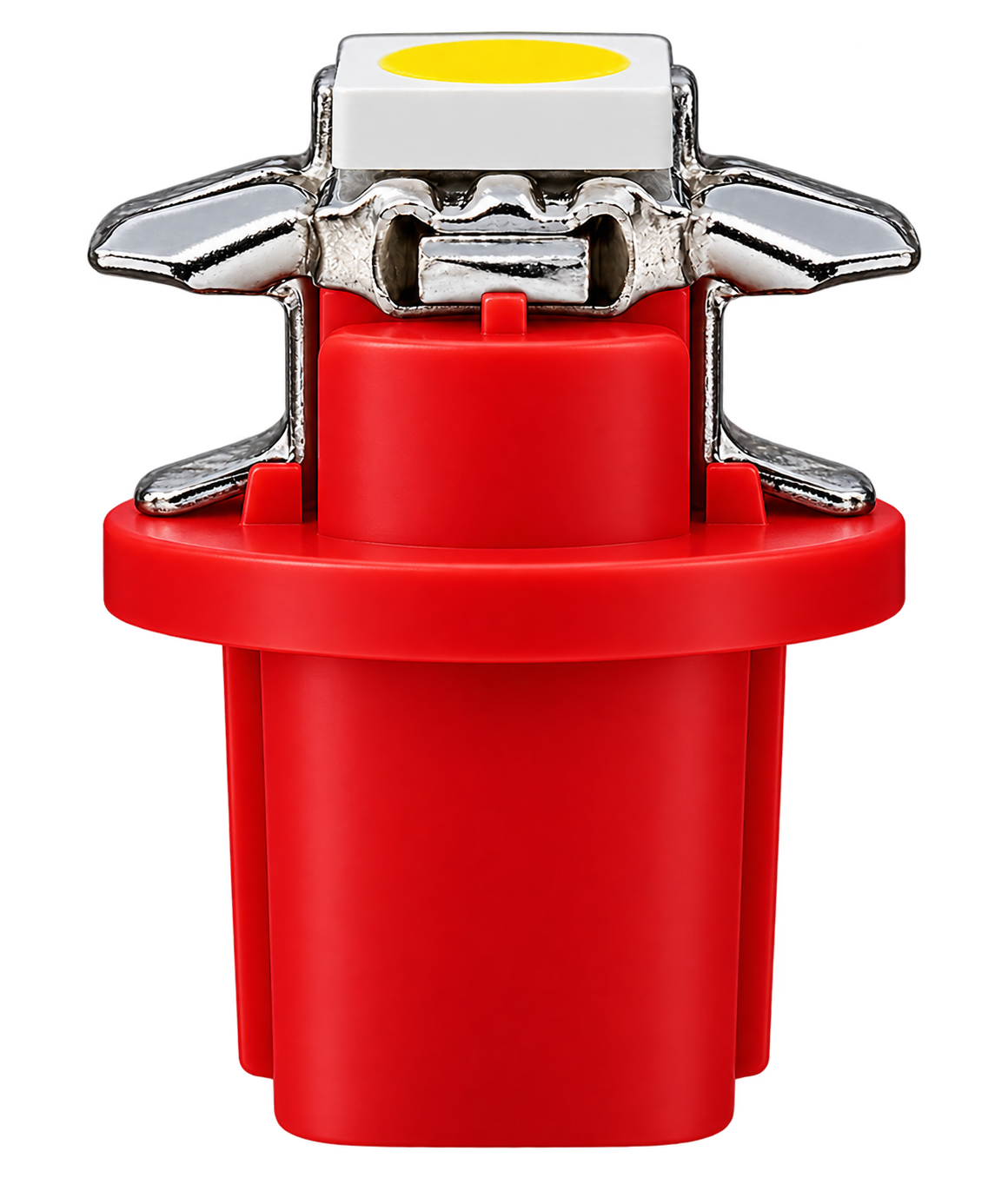 A red plastic automotive or motorcycle light assembly with a silver metal mounting bracket and a white square housing containing a yellow circular element, isolated on a white background.