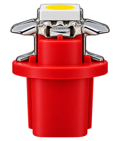 A red plastic automotive or motorcycle light assembly with a silver metal mounting bracket and a white square housing containing a yellow circular element, isolated on a white background.