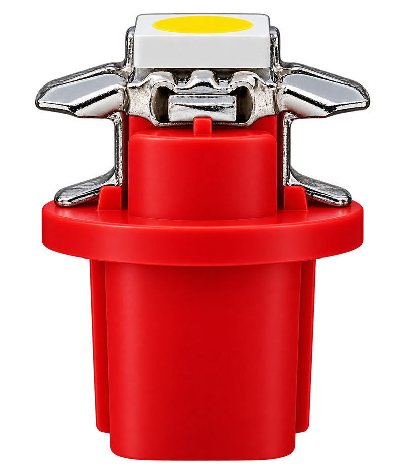 A red plastic automotive or motorcycle light assembly with a silver metal mounting bracket and a white square housing containing a yellow circular element, isolated on a white background.