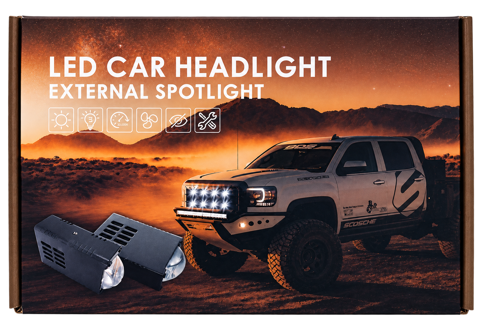 Box packaging for an LED car headlight external spotlight, featuring a desert landscape photo with a white off-road truck and the text 'LED CAR HEADLIGHT EXTERNAL SPOTLIGHT' plus feature icons. Two black spotlight units are shown in front of the box.